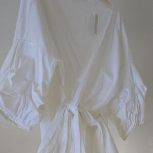 New York & Company White Wrap Puff Sleeve Blouse SKU059